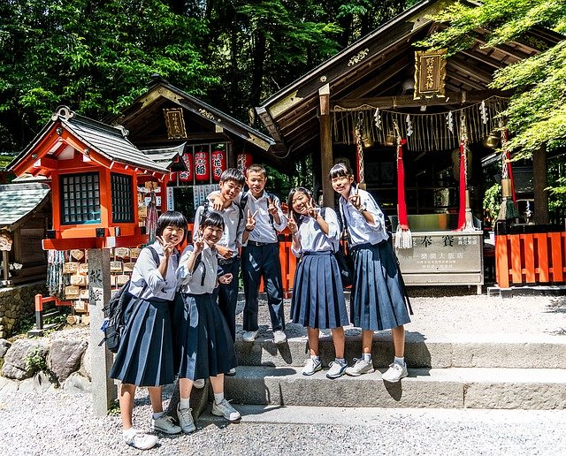 japan, arashiyama, school children
