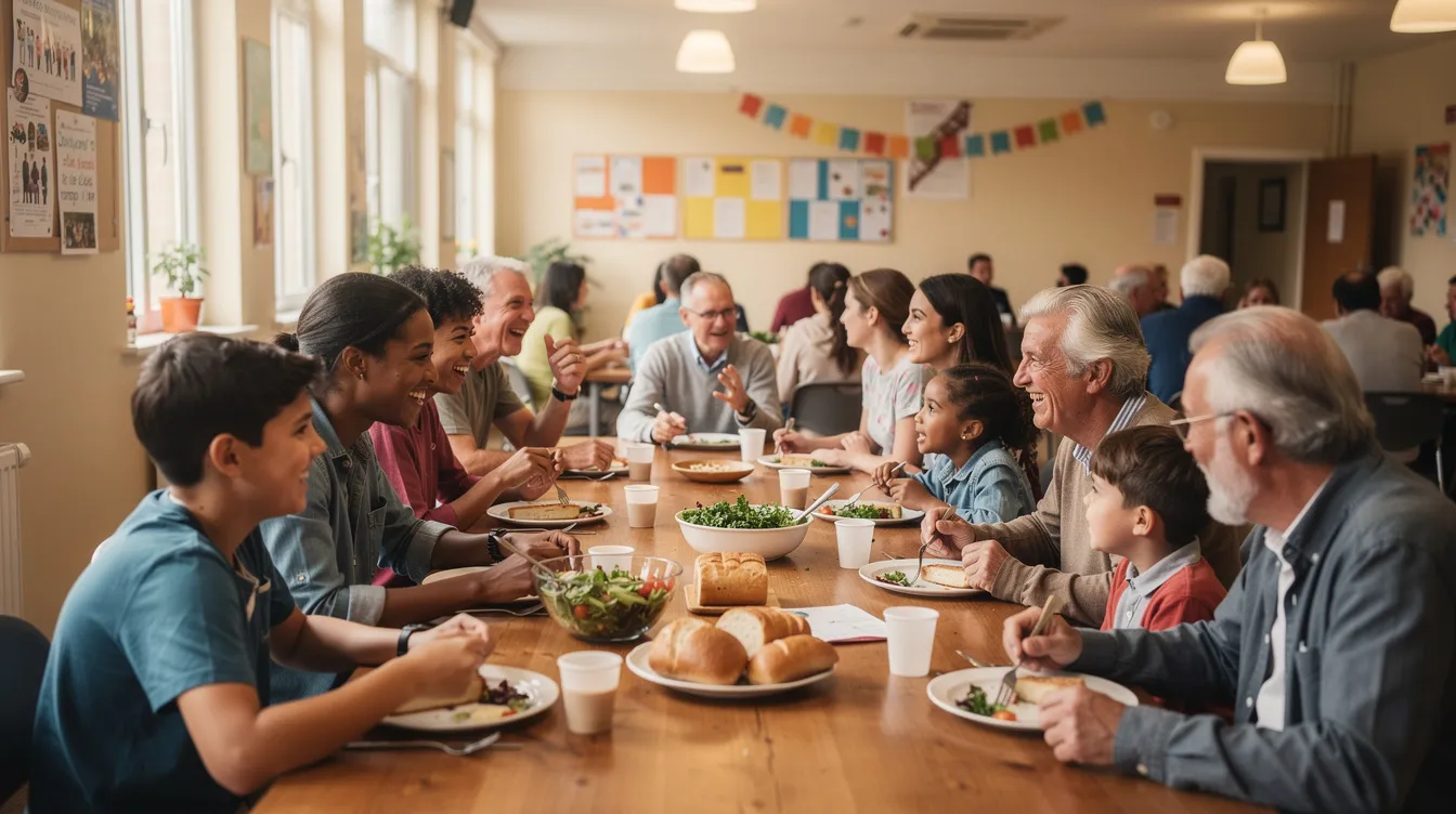 Buurtbewoners van verschillende leeftijden zitten samen aan lange tafels in een gemeenschapsruimte, waar zij genieten van een iftar maaltijd om het vasten te breken tijdens de ramadan. De sfeer is warm en gezellig, met traditionele gerechten en een gevoel van saamhorigheid en delen.