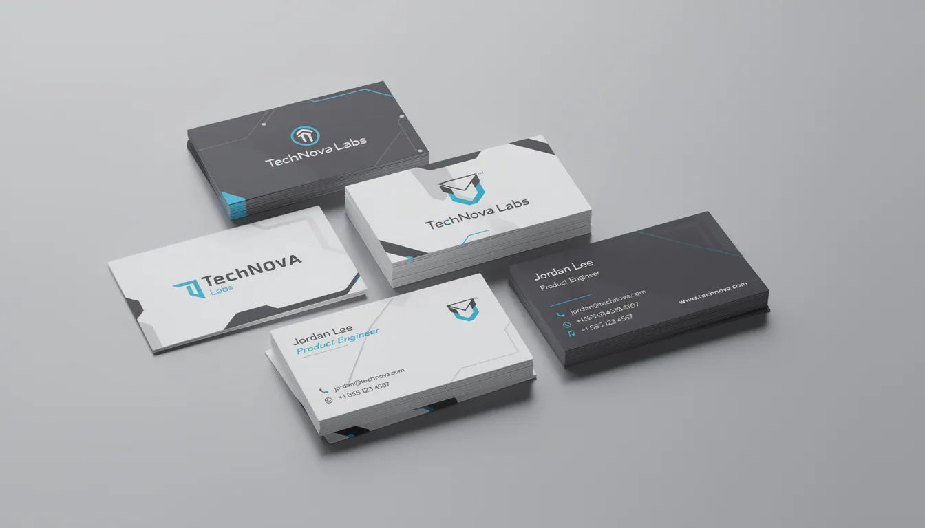 The image showcases a collection of modern and sleek business cards designed for tech companies, featuring clean lines and minimalistic designs that reflect a professional aesthetic. Each card highlights bold colors and unique graphic elements, aiming to make a lasting impression on potential clients while embodying the brand's personality.