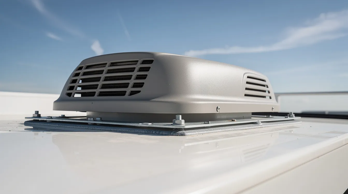 A close-up view of a rooftop RV air conditioner unit mounted on a motorhome, with a clear blue sky in the background. The image highlights the AC unit's components, which may include fan blades and wiring, essential for maintaining a cool environment inside the RV, while also hinting at potential RV AC control board problems that could affect its performance.