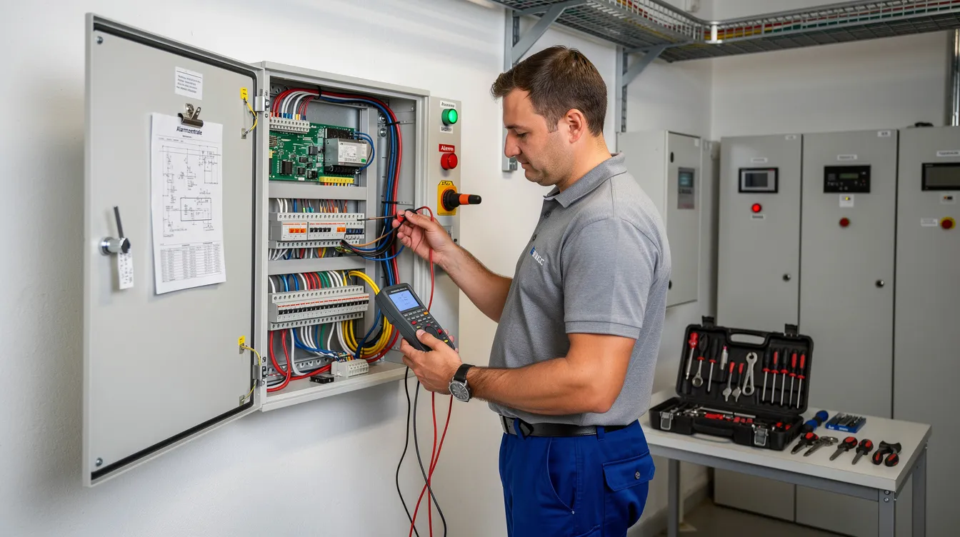 Ein Techniker überprüft mit einem Messgerät die Alarmzentrale einer Einbruchmeldeanlage, um die Funktionalität und Sicherheit der Sicherheitsanlagen zu gewährleisten. Diese regelmäßige Wartung ist entscheidend für den Schutz vor Einbruch und Vandalismus.