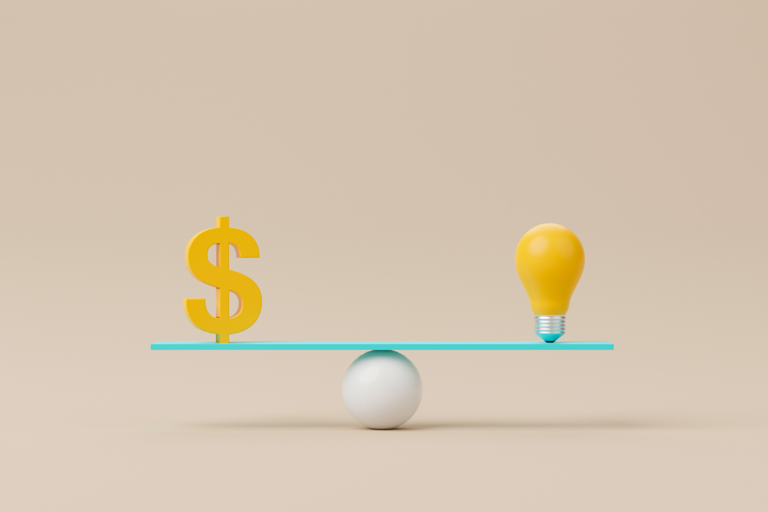 A scale with a dollar sign on one side and a light bulb on the other.