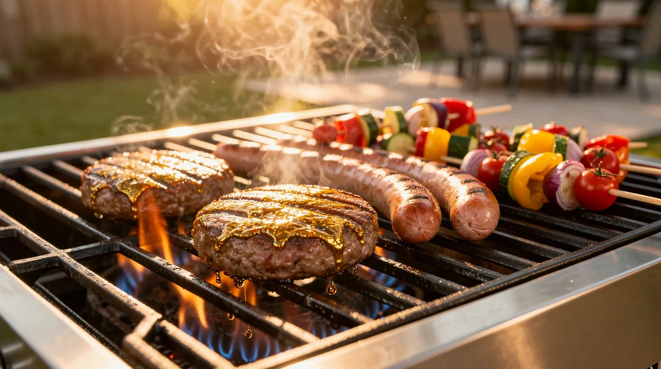 A portable gas grill features sizzling burgers and bratwursts on its grate, with colorful vegetable skewers arranged nearby, while steam rises into the air, creating a mouth-watering outdoor cooking scene perfect for a tailgate party. The grill's compact design and easy assembly make it ideal for game day gatherings.