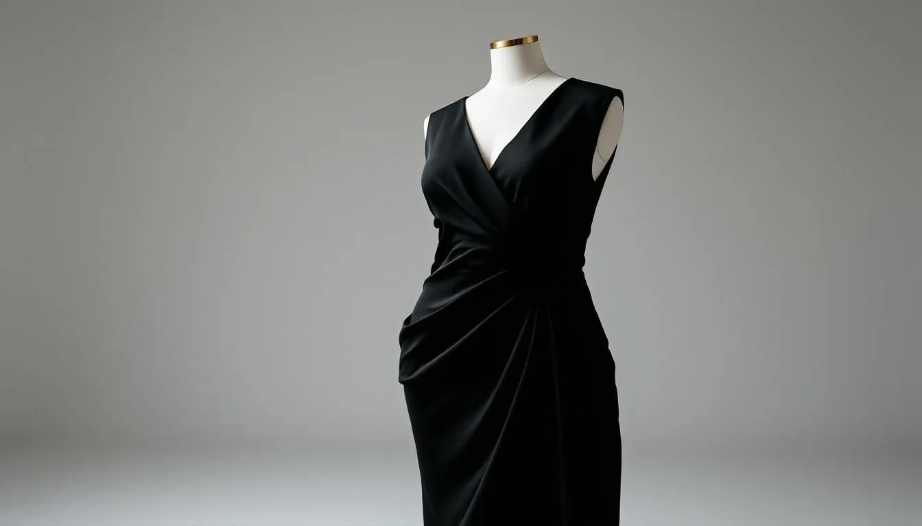 A stylish plus size black dress on a mannequin, showcasing its timeless appeal.