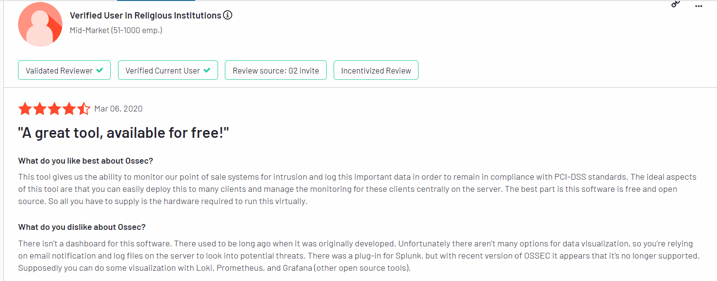 This image shows a user review of OSSEC, one of the open source firewall audit tool