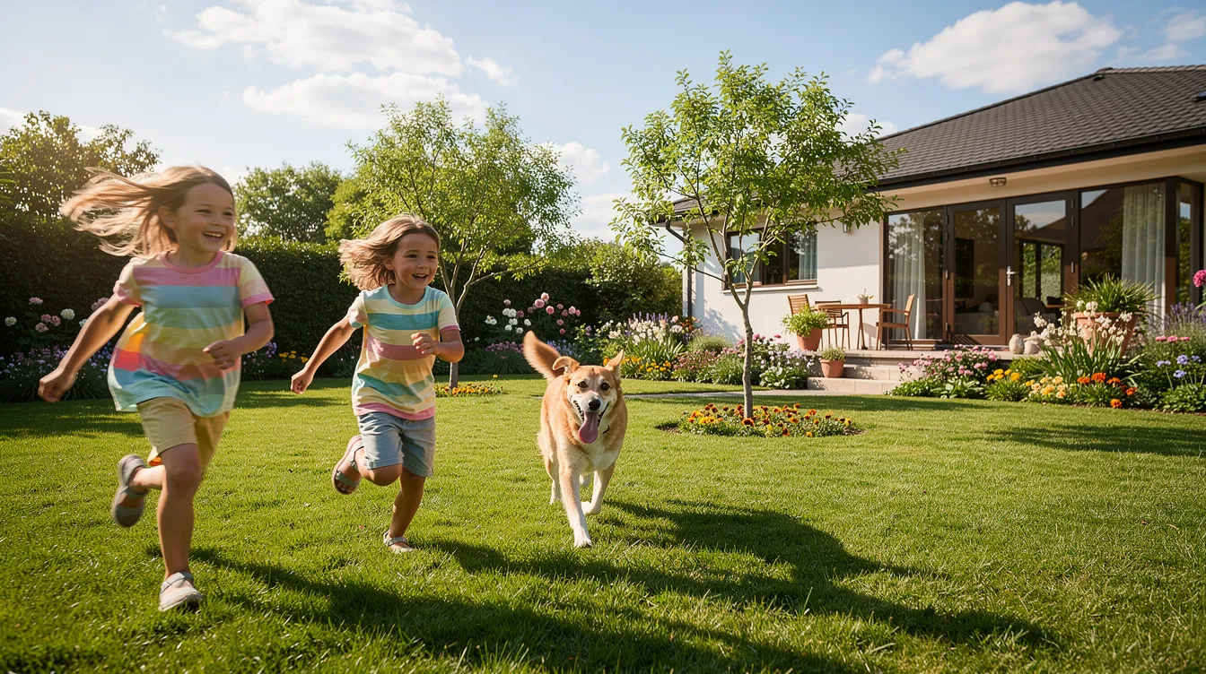 A family is enjoying a sunny day in their garden, where children and a dog are happily running across a lush green lawn, showcasing the beauty of a well-maintained garden lawn. The thick grass, likely nourished by high-quality grass seed, provides a perfect play area for the kids and their pet.