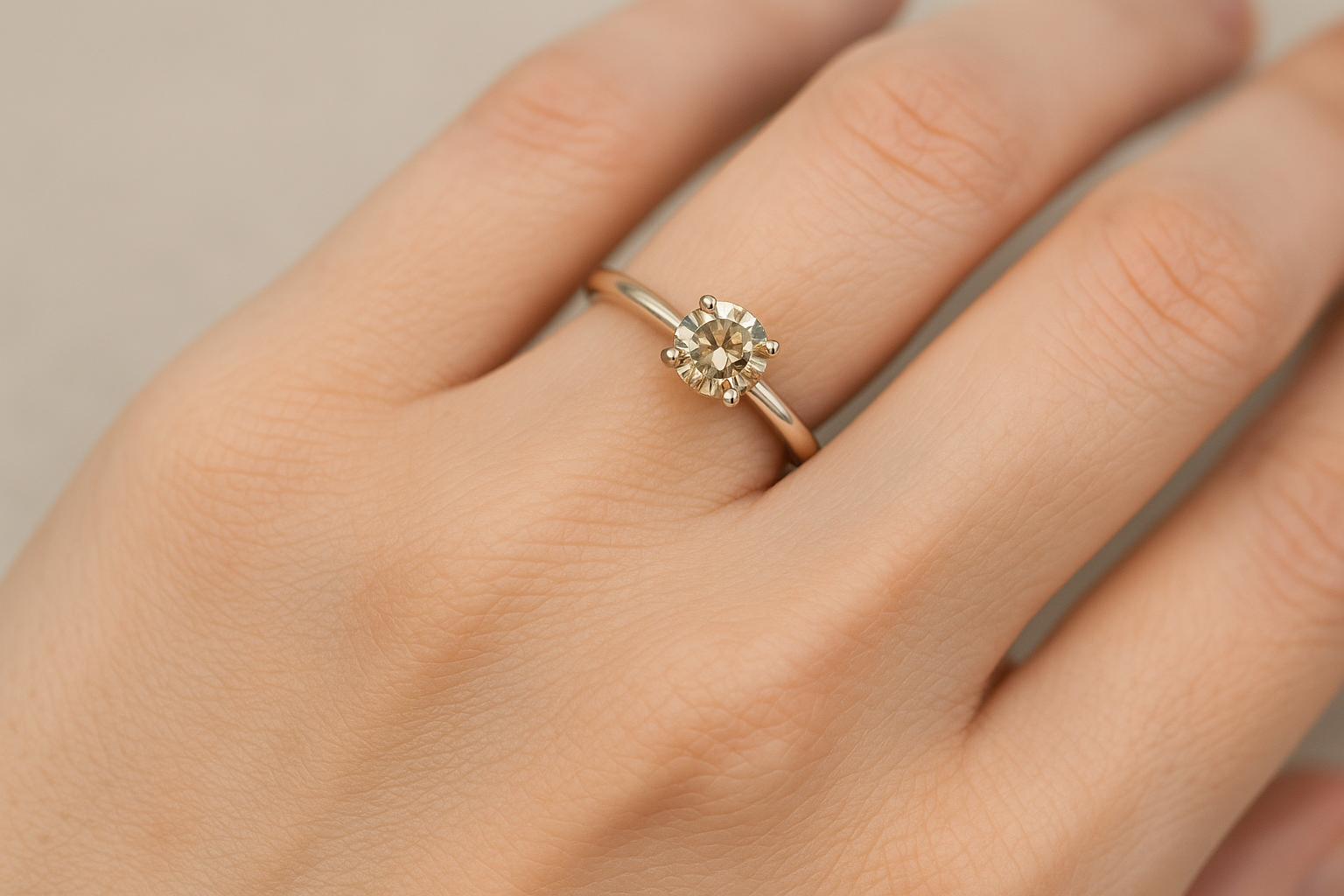 Moters ranką puošia natūralaus balto aukso sužadėtuvių žiedas su deimantu, subtilus šiltas šampaninis atspalvis