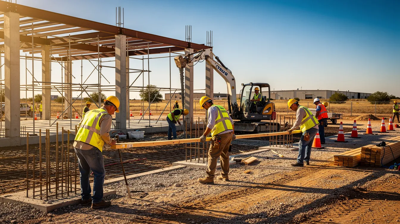 A group of construction workers in hard hats and reflective vests are actively engaged in construction work at a jobsite in Texas, under a warm sunny sky. This scene highlights the teamwork and safety measures essential for successful project management in the construction industry.