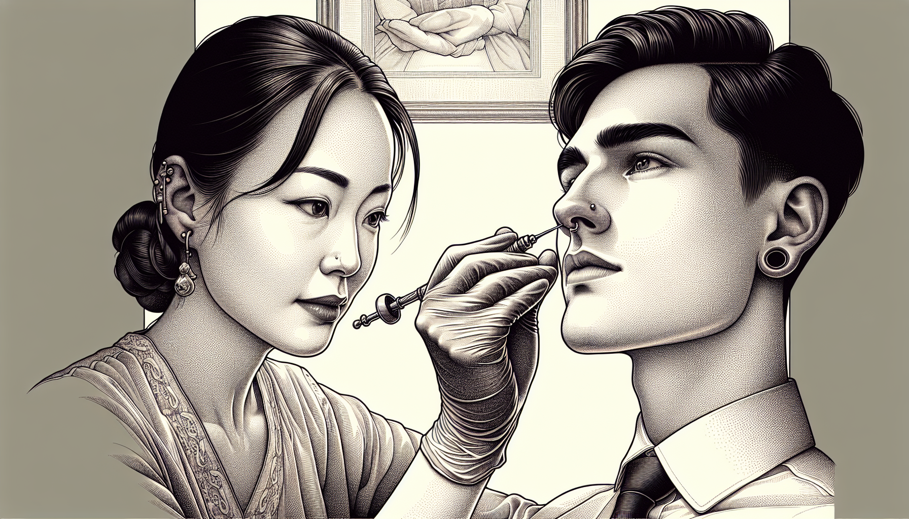 Illustration of a skilled piercer performing a para nostril piercing