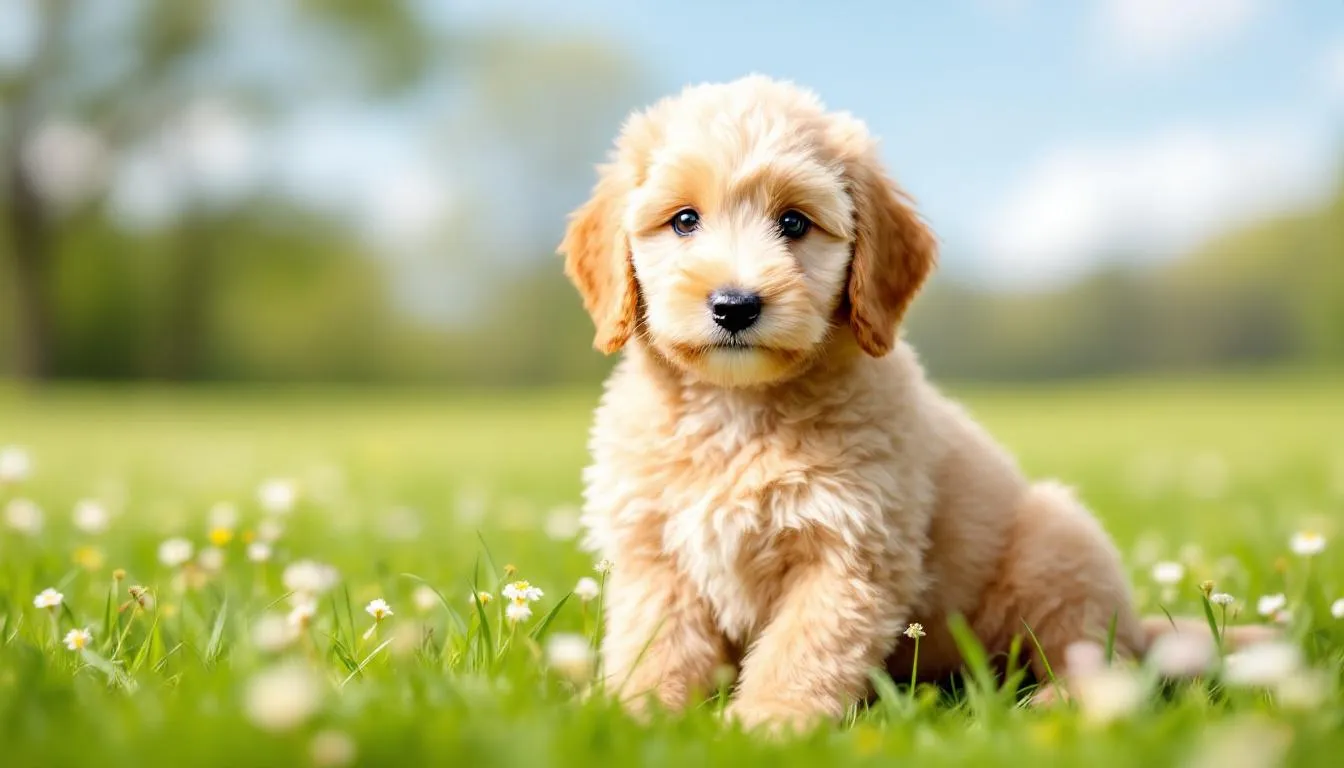 A mini goldendoodle puppy with a fluffy cream-colored coat is sitting in lush green grass, showcasing its adorable appearance and sociable nature. This hybrid breed, a mix of golden retriever and miniature poodle, is known for its affectionate demeanor and hypoallergenic qualities.