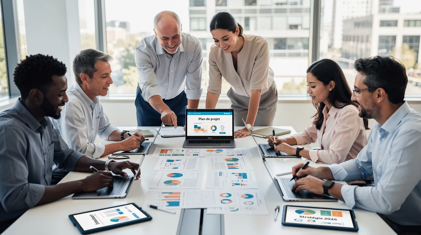 Une équipe diversifiée est réunie autour d'une grande table, collaborant avec des documents et des écrans, illustrant l'intelligence collective en entreprise. Chacun partage ses compétences et réflexions, favorisant la créativité et la prise de décision collective.
