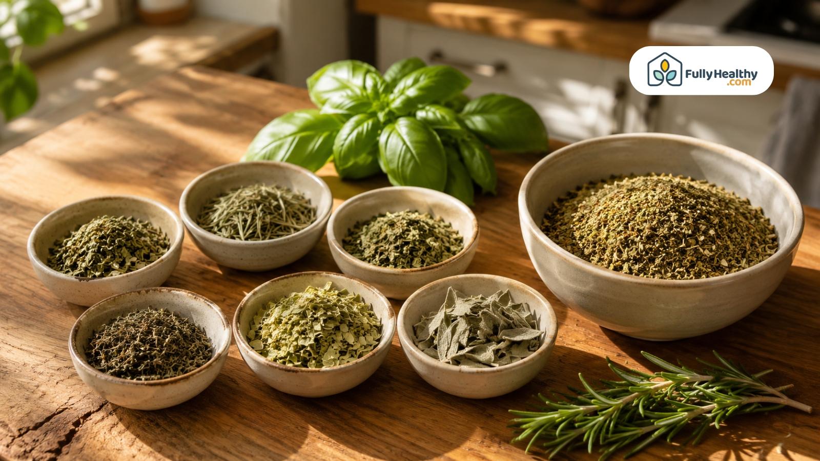 Assorted dried Italian herbs displayed in bowls with fresh basil and rosemary