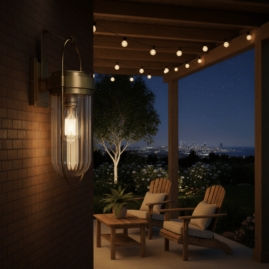 Glass wall light fixture with a brass finish, casting a warm glow on an outdoor patio space.
