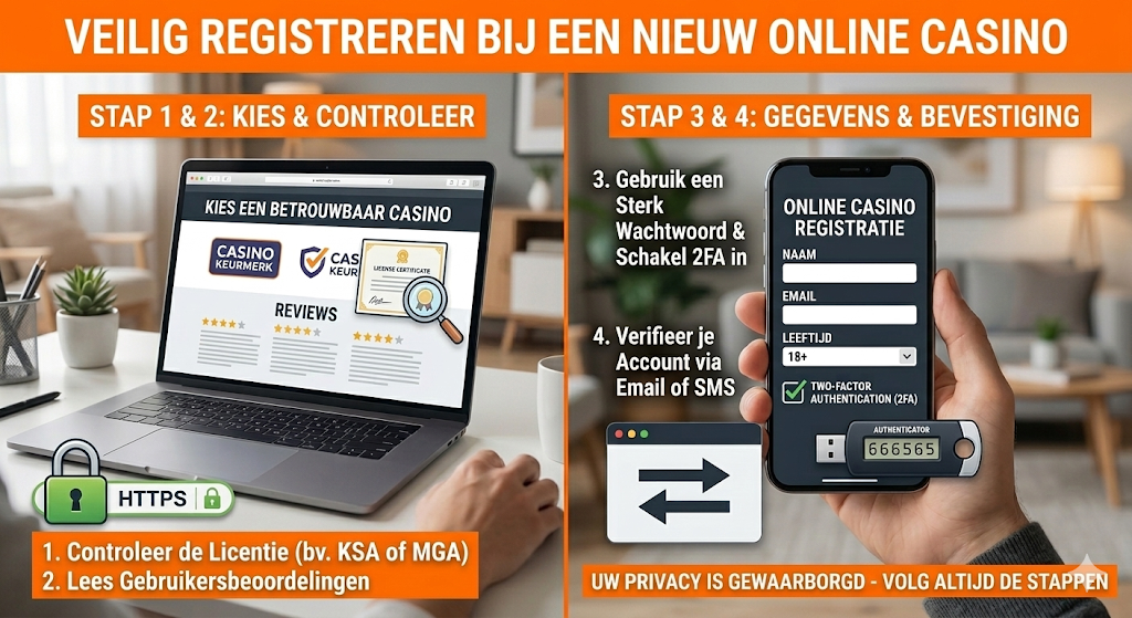Stappenplan voor veilig registreren bij een nieuw online casino in Nederland, inclusief controle van KSA-vergunning, reviews lezen, sterk wachtwoord gebruiken en accountverificatie met 2FA.
