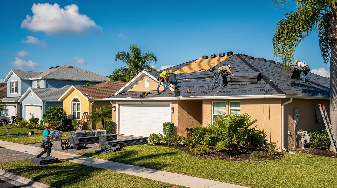 A roofing crew is seen installing new shingles on a residential home in a sunny Florida neighborhood, showcasing the teamwork and professionalism of contractors. This image highlights the importance of local SEO services for roofing companies to attract more clients and improve their visibility in local search results.