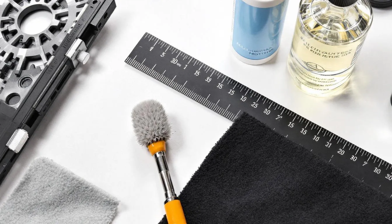 The image features a collection of maintenance tools for turntables, including a stylus brush, an alignment protractor, and various cleaning supplies, essential for preserving the sound quality of vinyl records. These tools are crucial for DJs and audiophiles who want to maintain their high-end turntables and ensure optimal performance.