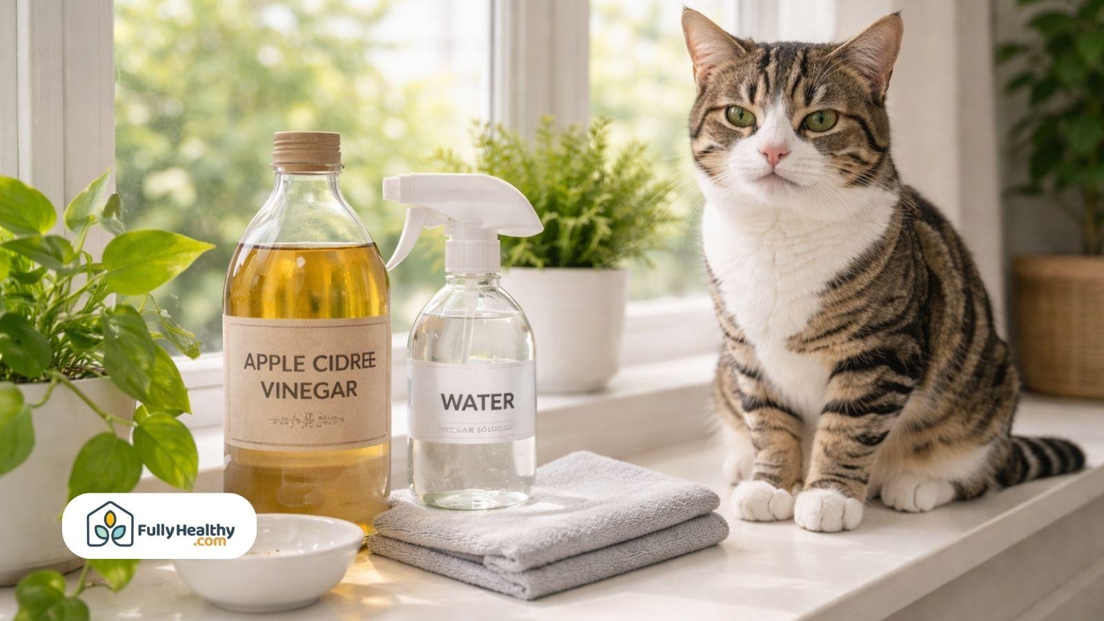 Apple cider vinegar and water setup with cat sitting near window