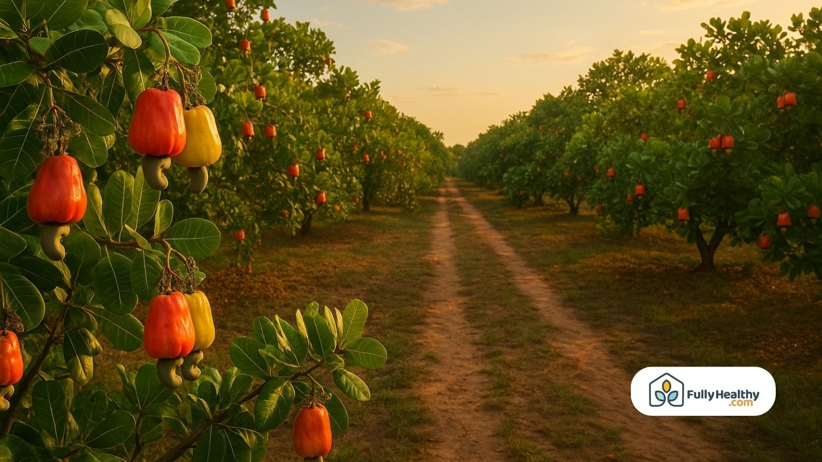 Cashew trees with ripe cashew apples growing along a dirt path