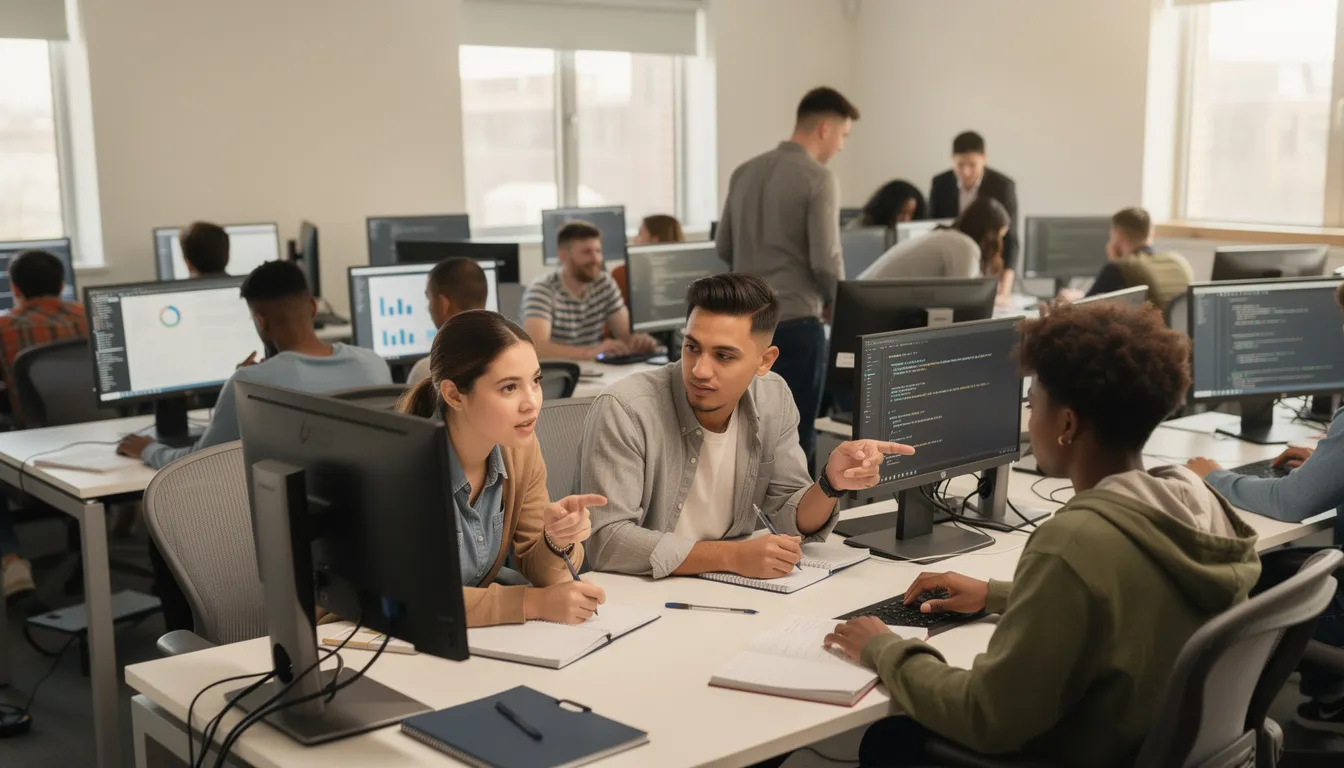 The image shows a diverse group of students collaborating in a computer training lab, engaged in a cybersecurity training program designed to enhance their skills for the high-demand cybersecurity workforce. They are working together on problem-solving tasks related to emerging technologies, preparing for future career opportunities in the field.