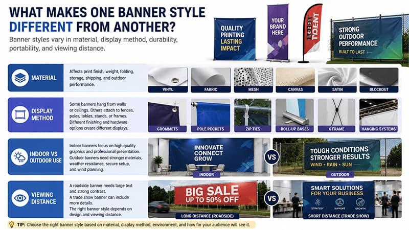 Banner style comparison showing material, display method, indoor and outdoor use, and viewing distance.