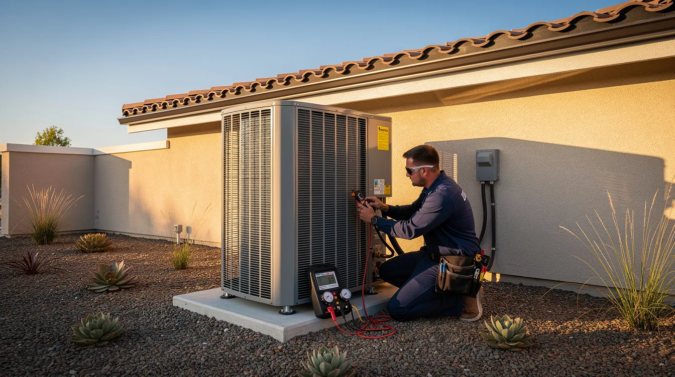 An HVAC technician is inspecting an outdoor condenser unit beside a California-style home, ensuring the air conditioning system is functioning efficiently. This inspection is crucial for maintaining optimal energy efficiency and potentially lowering monthly energy bills for homeowners.