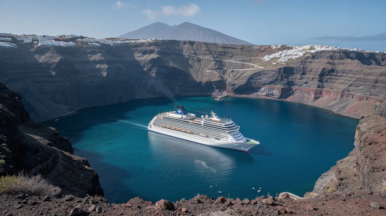 A large white cruise ship is anchored in a stunning volcanic caldera, surrounded by steep cliffs and a vibrant blue sea. This picturesque scene highlights the allure of visiting Greece, a popular destination for tourists, especially during the summer holidays.