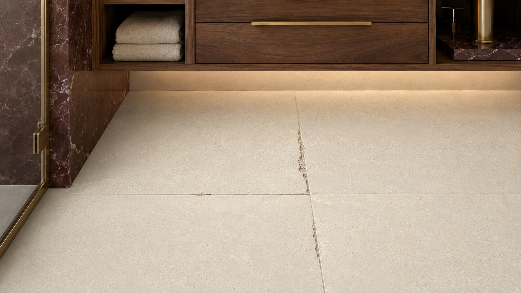 Isolated grout repair compared with full regrouting on a porcelain tile floor.