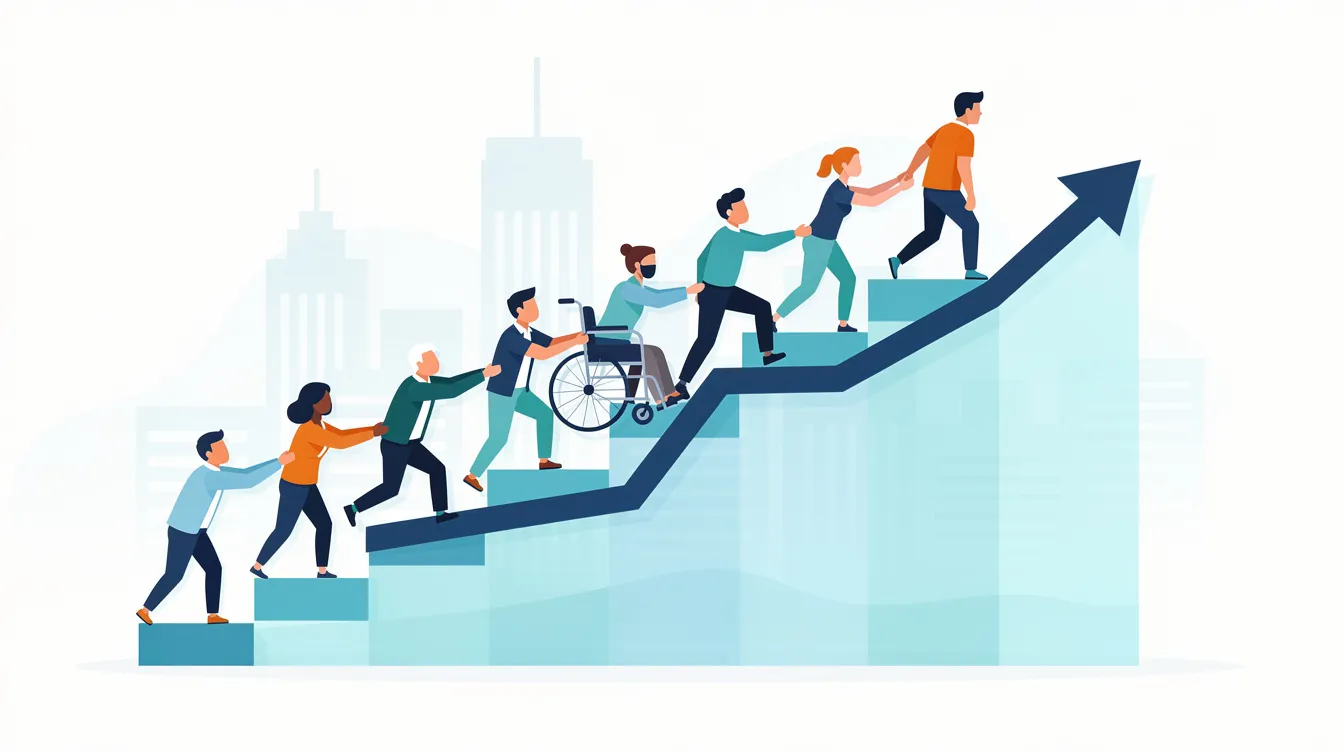 L'image représente un graphique illustrant des personnes de diverses origines grimpant ensemble vers le haut, symbolisant la croissance de la performance d'une équipe au sein d'un environnement de travail inclusif. Cette représentation souligne l'importance de la diversité et de l'inclusion dans le succès collectif d'une entreprise.