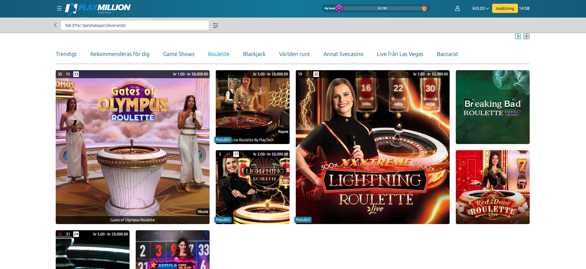PlayMillion Casino live roulette med spel som Gates of Olympus Roulette, Lightning Roulette och Breaking Bad Roulette från live casino-avdelningen.