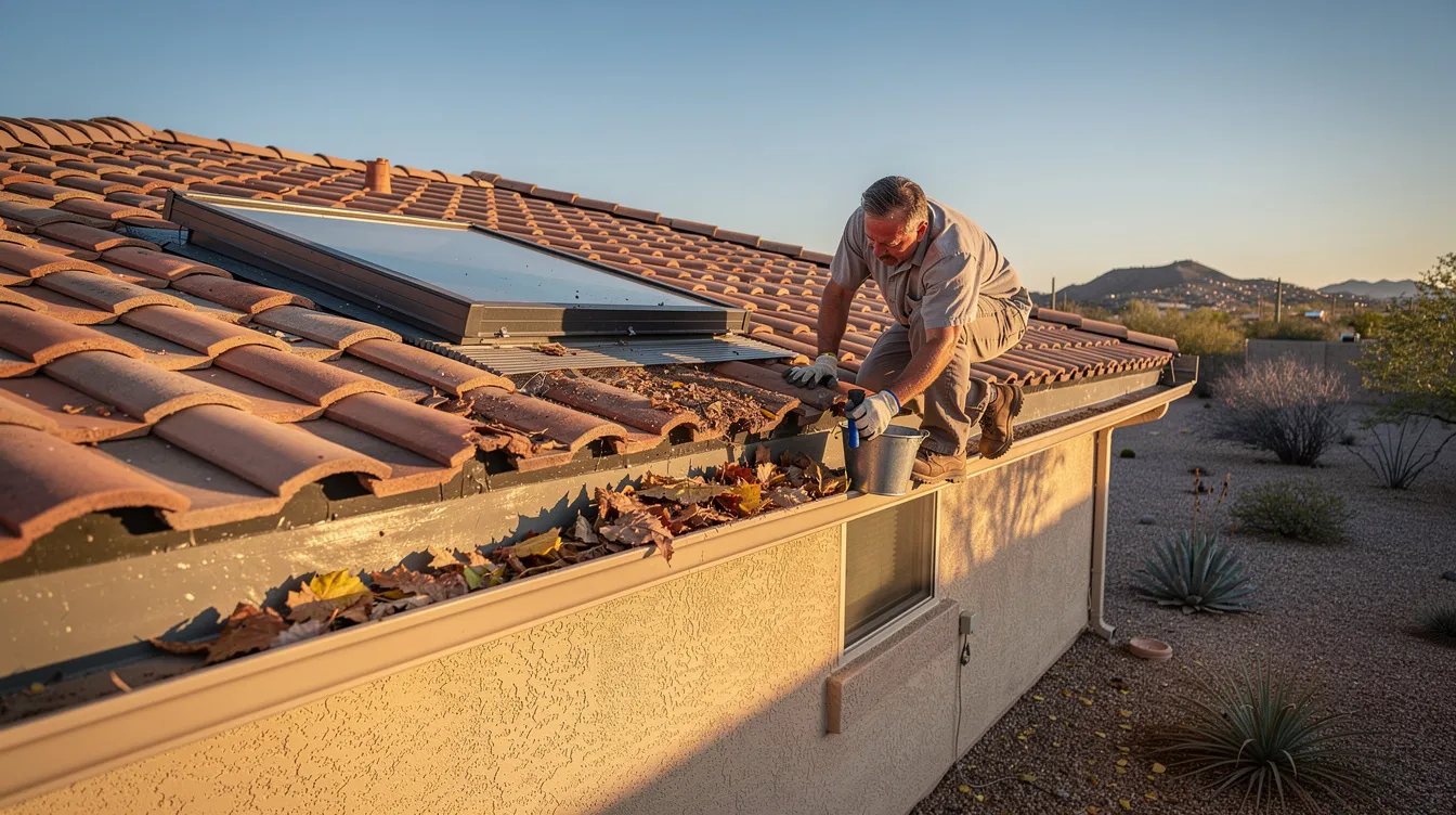A homeowner is cleaning leaves and debris from a gutter near a skylight on a single-story Arizona home, illuminated by the soft glow of early morning light. This maintenance helps prevent issues such as water stains and leaks around the skylight, ensuring a watertight seal and improved energy efficiency.