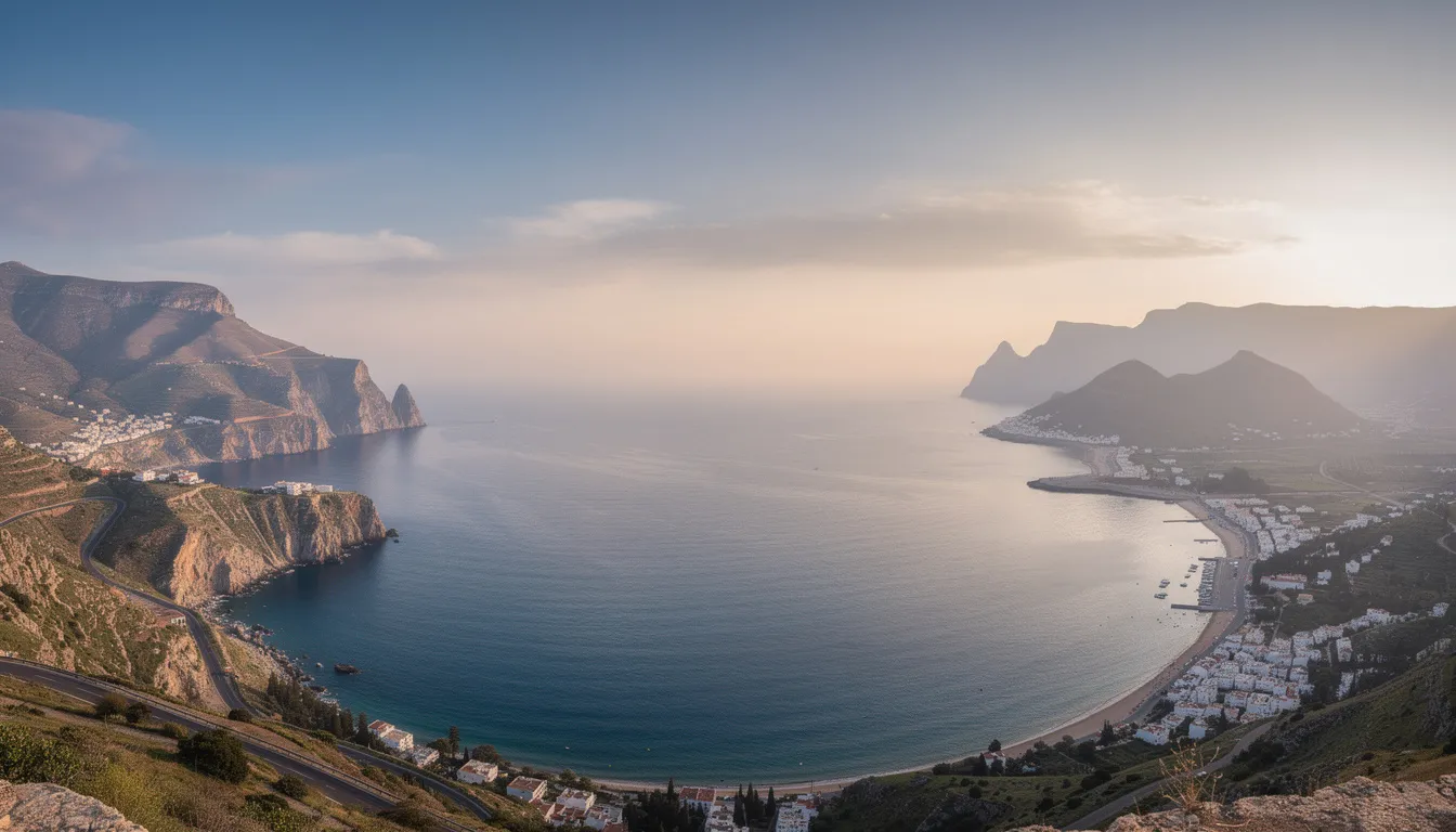 A panoramic view of the Strait of Gibraltar showcases the stunning coastlines of both Spain and Morocco, with the blue waters of the strait shimmering under the sun. This breathtaking landscape highlights the cultural significance of the region, making it a perfect spot for a walking tour between Spain, Portugal, and Morocco.