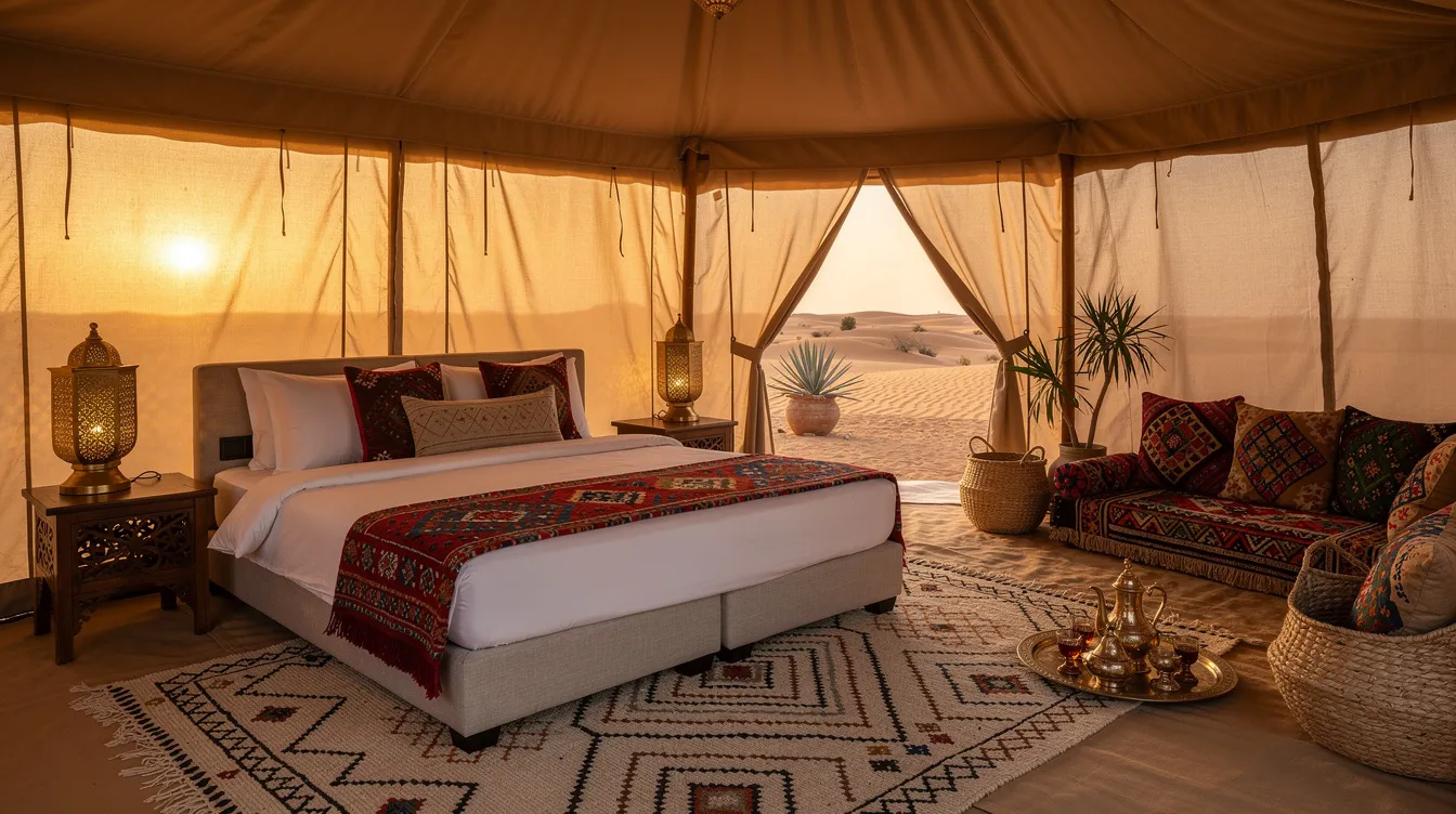 The image depicts the interior of a luxury desert camp tent, featuring a comfortable bed adorned with traditional Moroccan decor, creating a cozy atmosphere amidst the vast expanse of the Sahara Desert. Soft lighting enhances the inviting ambiance, perfect for relaxation after a day of adventure exploring the rolling dunes.