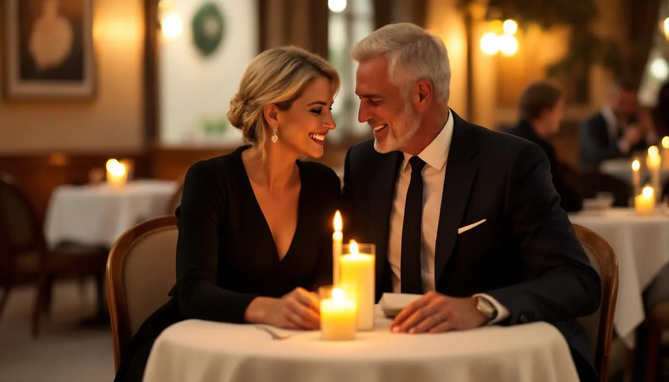 Na obrazku widzimy romantyczną parę w średnim wieku, która delektuje się kolacją przy świecach, otoczeni ciepłym światłem i przytulną atmosferą. To idealny moment na wyjątkowy prezent, który może być świetną pamiątką z okazji 50. urodzin.