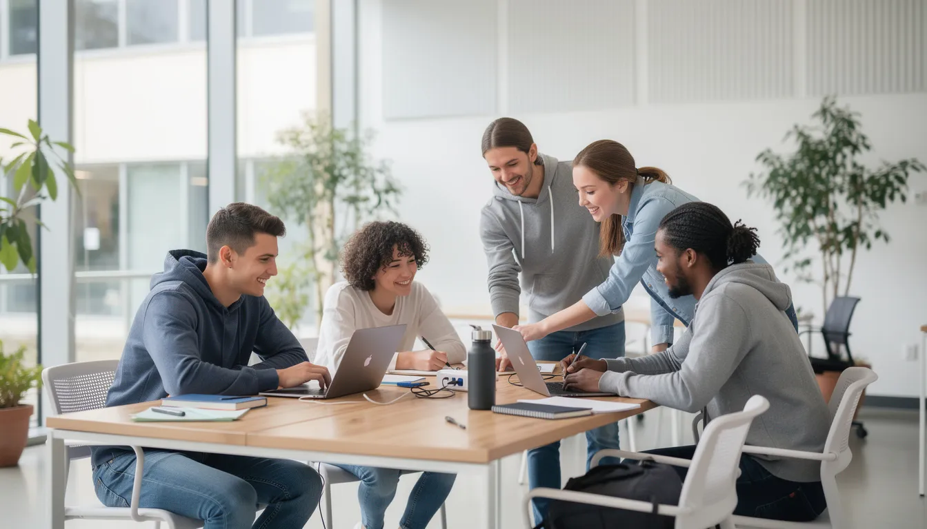 A diverse group of students collaborates on laptops in a modern study space, embodying an environment that fosters creativity and the development of new skills. This setting supports job seekers as they prepare to explore career opportunities in various industries and learn about innovative technologies.