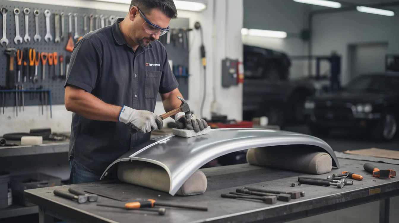 A technician is carefully shaping a curved automotive body panel made of sheet metal on a workbench, utilizing hand tools such as a hammer and dolly. The process involves metal shaping techniques, including heat shrinking with a propane torch and rapid cooling using a damp rag to control the panel's form and prevent oil canning.