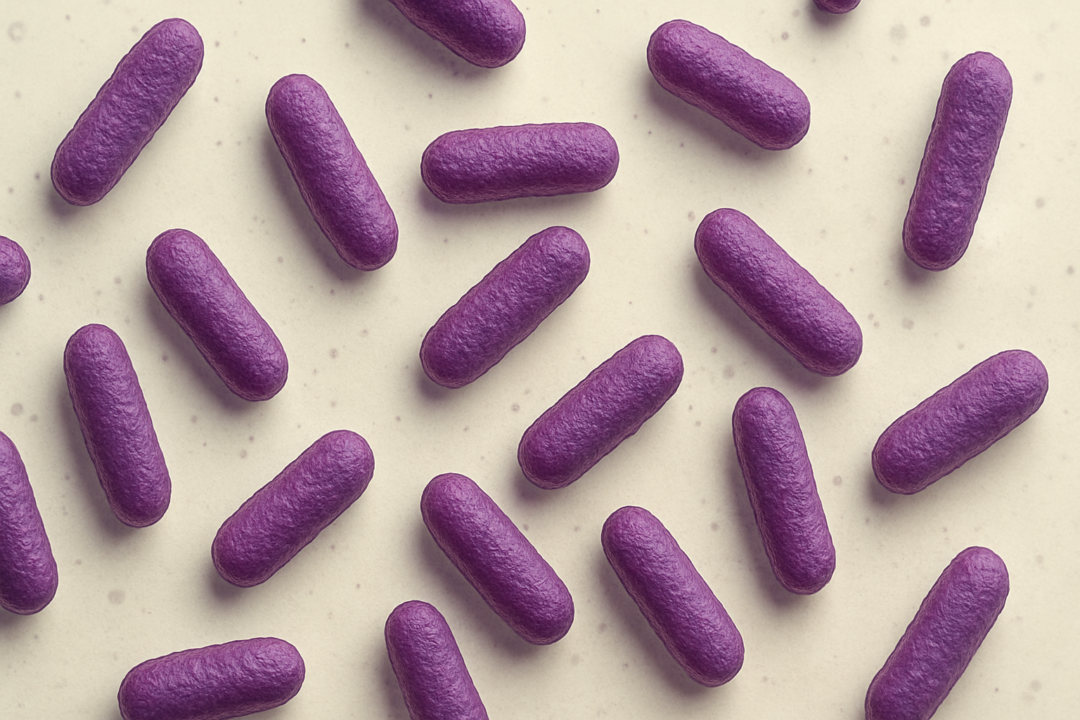 Mikroskopbilde av lilla stavformede bakterier.