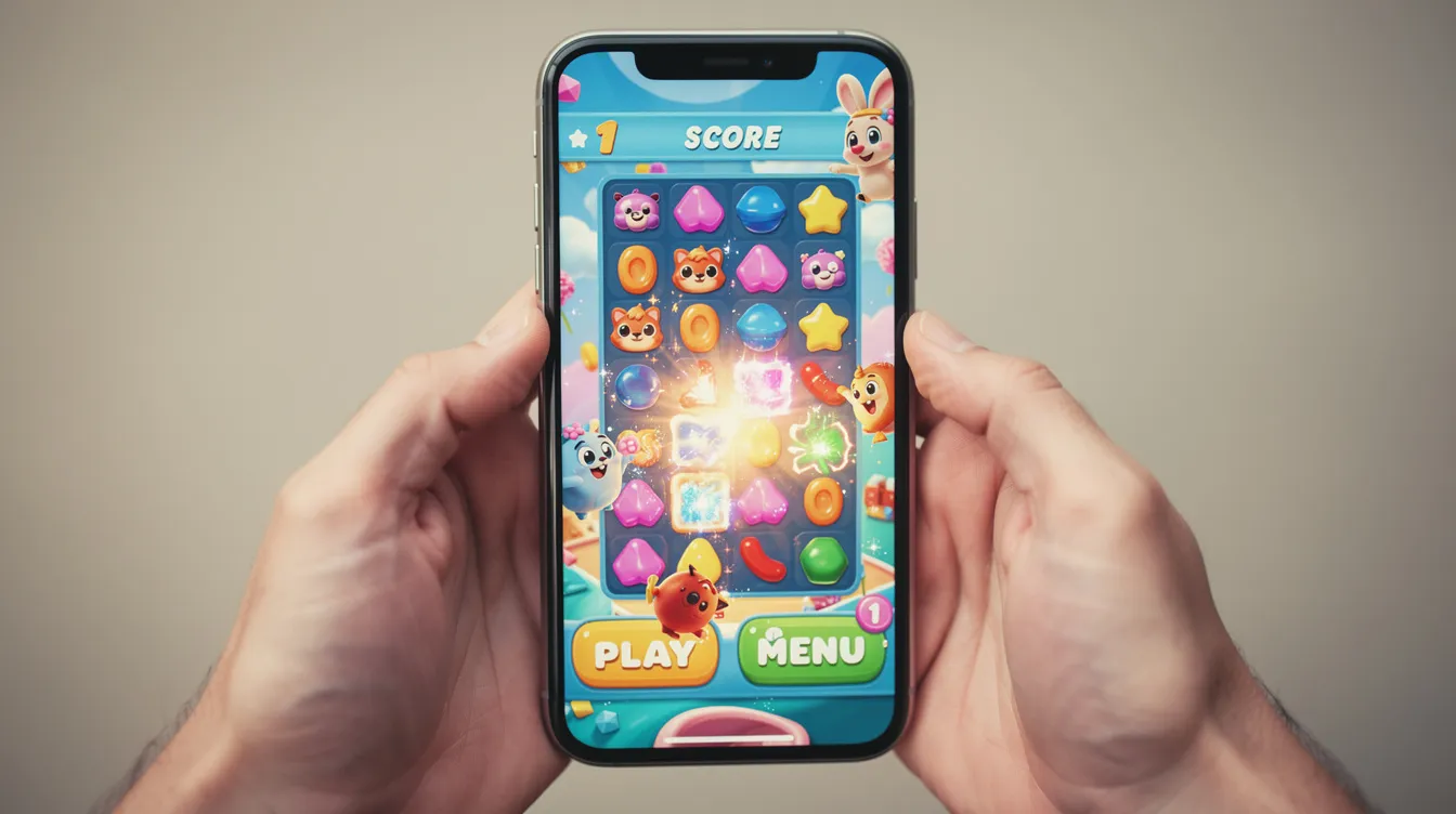 Two hands are holding a smartphone that displays a vibrant mobile game interface, showcasing colorful graphics typical of casino games. The screen features various options for spins and bonuses, hinting at exciting promotions and gameplay experiences available in online casinos.