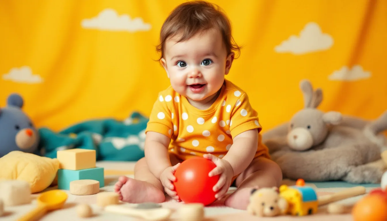 An infant practicing fine motor skills by grasping small objects.
