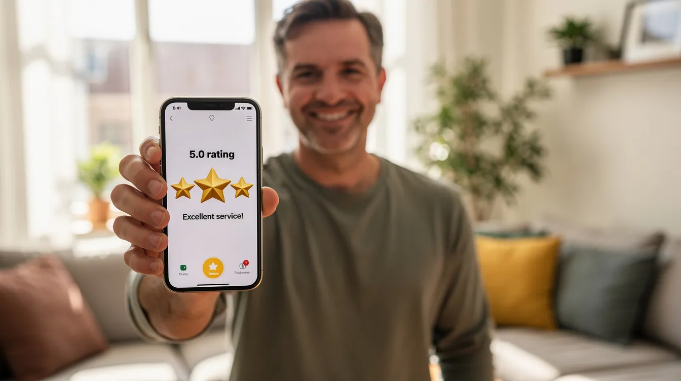 A homeowner is smiling while holding a smartphone that displays a five-star review rating, symbolizing the positive feedback for their local business. This image highlights the importance of online visibility and local SEO strategies in attracting more local customers and improving search rankings.