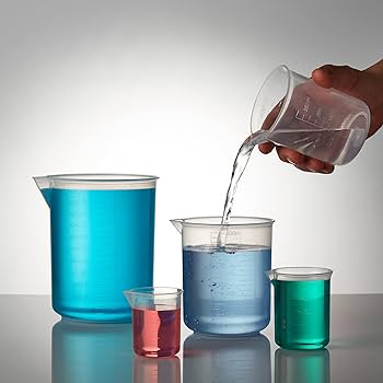 Assortment of plastic beakers in a laboratory setting