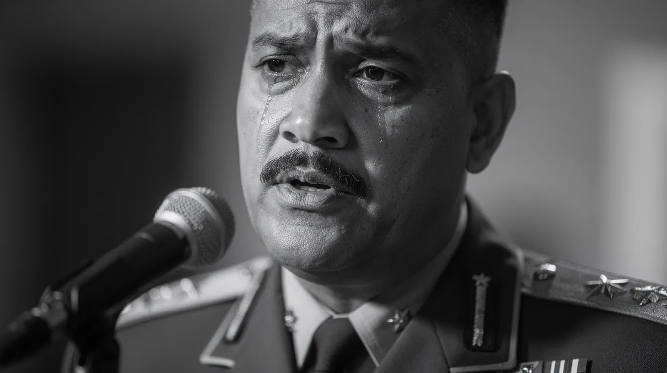 Eine Nahaufnahme eines Mannes mit kleinem Schnurrbart in Militäruniform, der emotional in ein Mikrofon spricht, erinnert an die Figur des Diktators aus "Der große Diktator" von Charlie Chaplin. Der reduzierte Hintergrund verstärkt den dramatischen Ausdruck seiner Augen und die Intensität seiner Rede.
