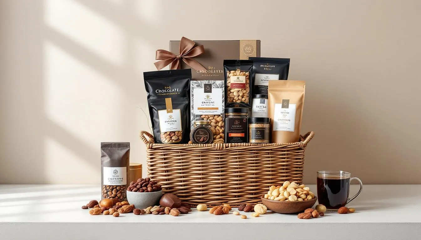 A vibrant personalized gift basket filled with assorted treats, perfect for gifting.