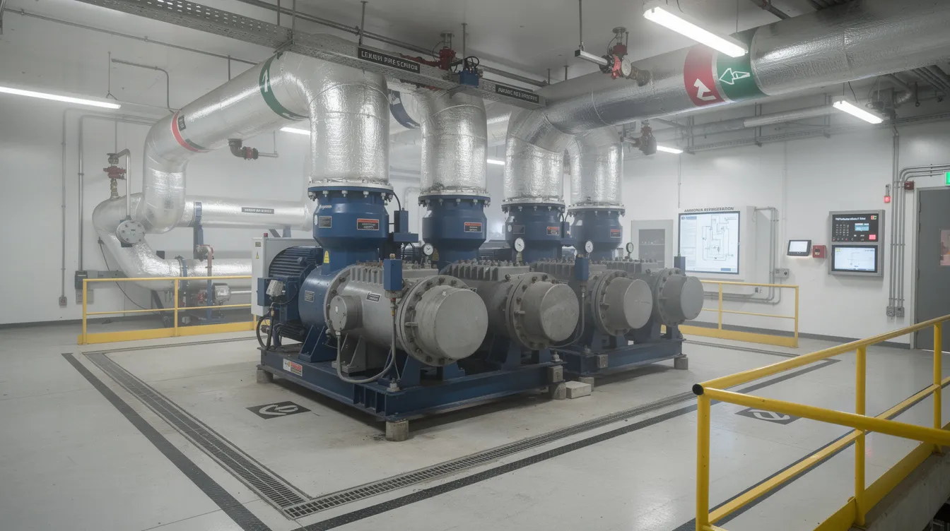 The image depicts large industrial ammonia refrigeration compressor units situated within a plant room, featuring insulated piping essential for efficient dairy processing. These units play a crucial role in maintaining optimal refrigeration requirements for dairy products, contributing to energy efficiency and reducing operating costs in dairy plants.