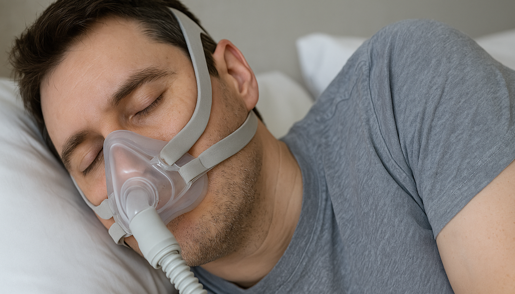 Mann sover på siden med CPAP-maske og rolig ansiktsuttrykk.
