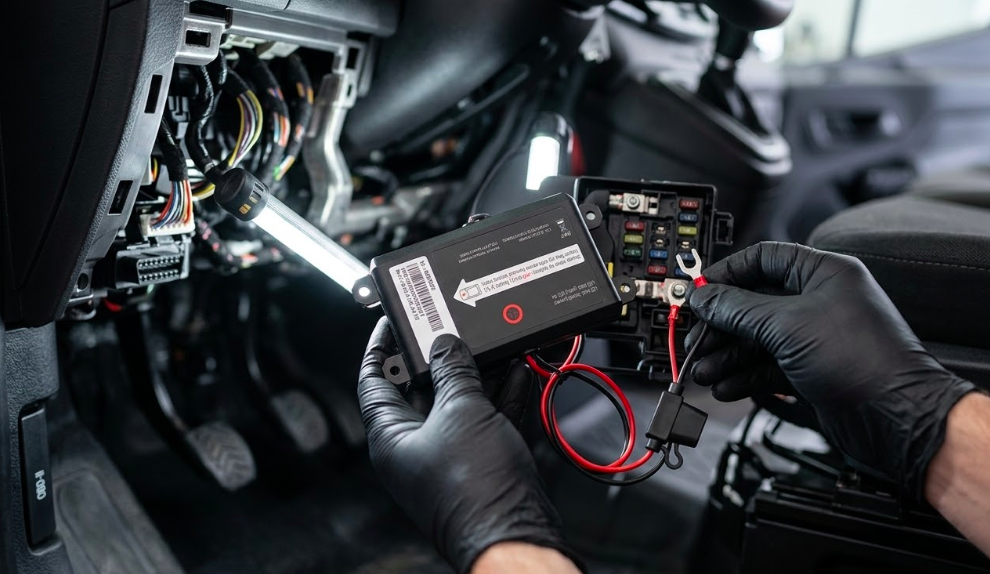 Professional technician installing a wired GPS tracker into a vehicle's fuse box- wired GPS tracker installation process