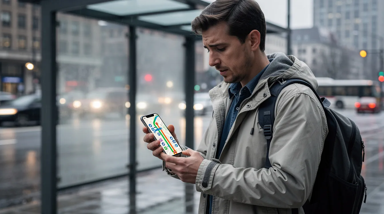 A commuter stands near a bus shelter in Dubai, intently looking at their smartphone displaying a transit map that outlines various transportation routes and destinations. The scene captures the essence of urban travel, highlighting the importance of accessible public transport services for passengers navigating the city.