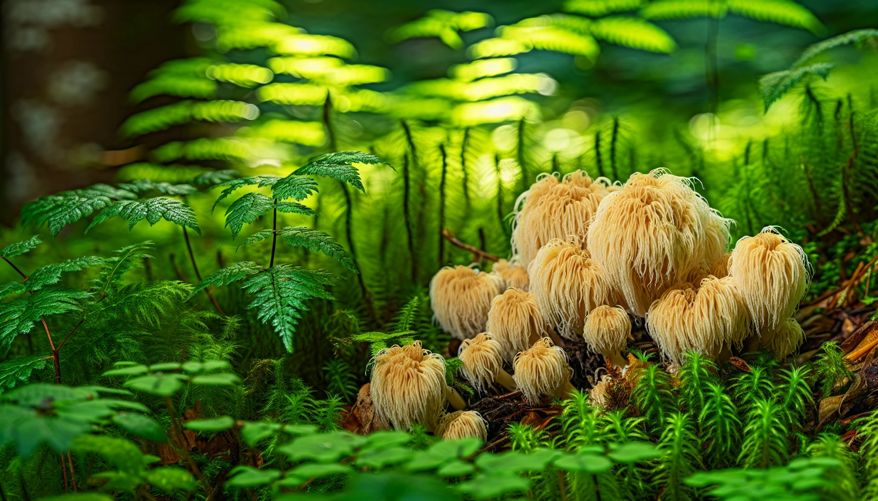 Fresh lion's mane mushrooms in a forest setting