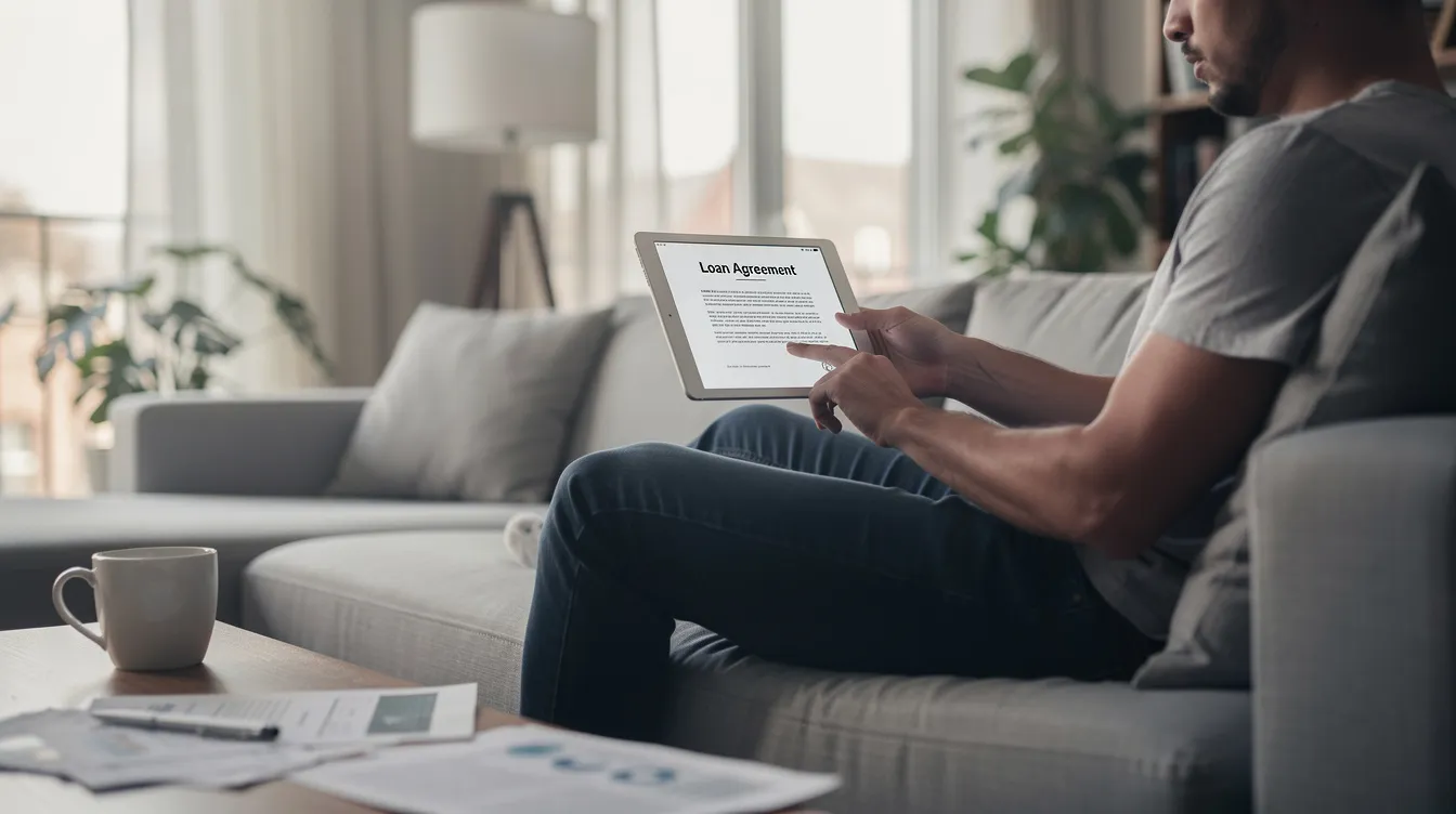A person is seated in a modern living room, intently reviewing a loan agreement on a tablet device. The document likely includes details about the loan amount, interest rates, and repayment terms, reflecting the individual's financial situation and the risks involved in the loan product.