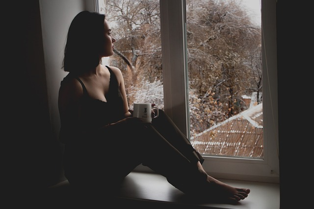 The image showcases woman siting by window