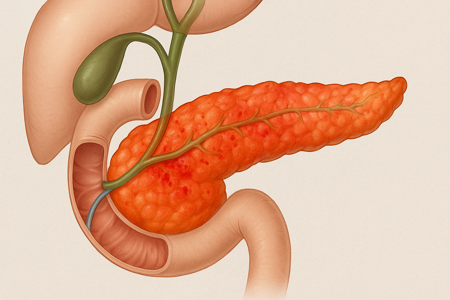 Illustrasjon av betent bukspyttkjertel med tydelige røde områder omgitt av magesekk og galleveier i anatomisk kontekst.